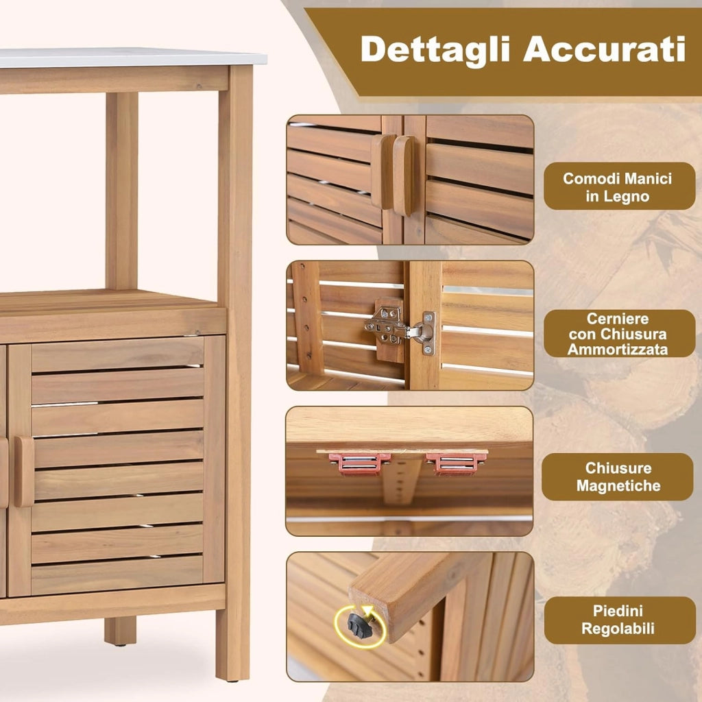 Armadio da Esterno Impermeabile in Legno di Acacia, Mobile Esterno Balcone con Piano di Lavoro in Resina, 2 Ante Persiana e Ripiano Aperto, per Piante e Attrezzi, Naturale, 80 x 40 x 90,5 cm