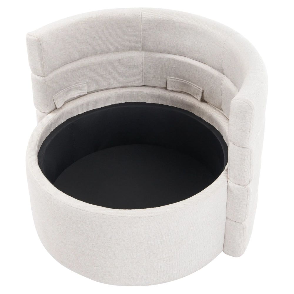 Poltrona in tessuto con schienale curvo base girevole a 360° con contenitore cuscini decorativi bianco sporco stile retrò angolo lettura