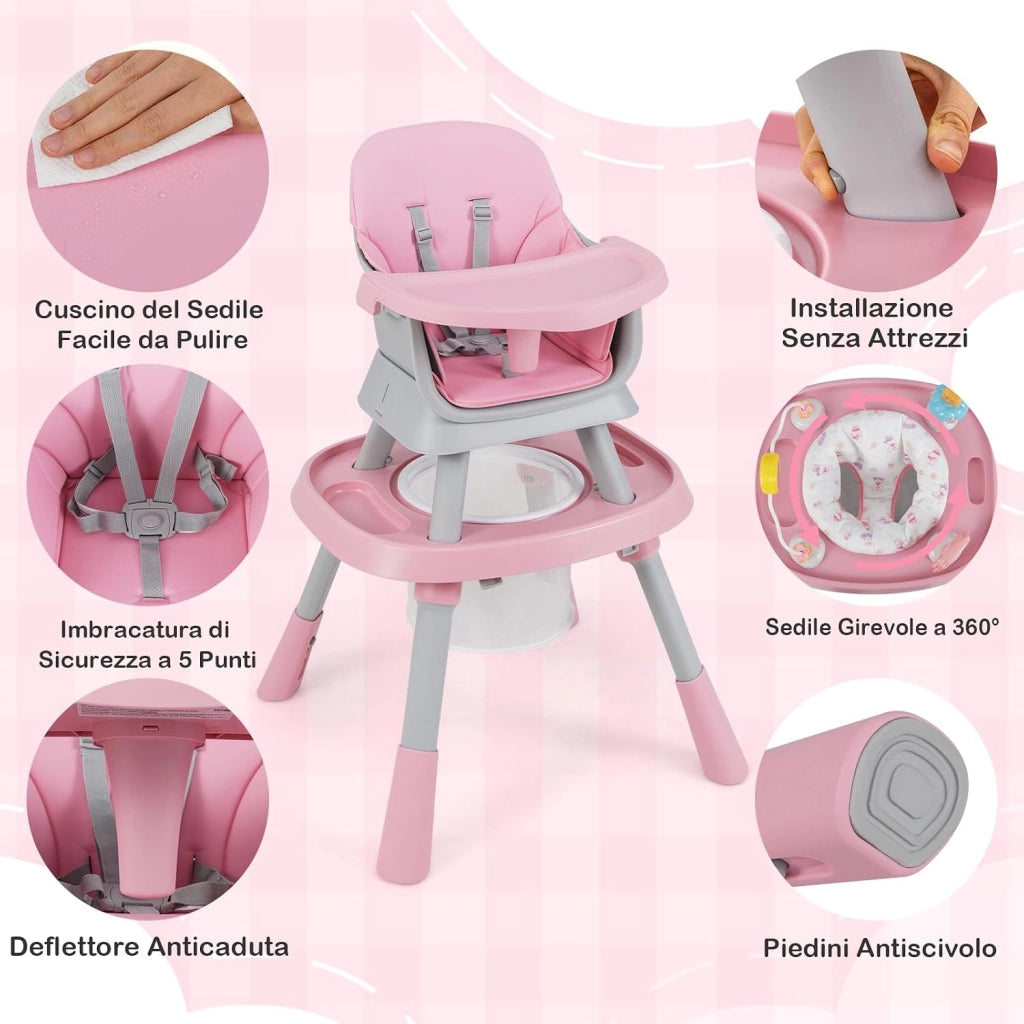 Seggiolone Pappa Bambini, con Cintura e Vassoio Rimovibile (Rosa) | Sedia Evolutiva per Neonati 6-36 Mesi con Cintura e Vassoio Rimovibile, 3 Giochi e Cestino