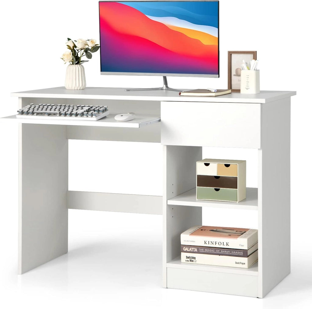 Scrivania con Cassetto, Scrivania per Computer in Legno con Vassoio per Tastiera Estraibile, Supporto per CPU e Ripiani Regolabili, Scrivania Moderna per Studio e Ufficio, Bianco