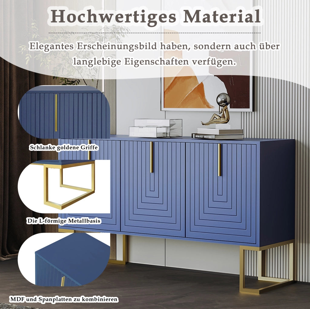 Credenza moderna 3 ante blu navy con ripiani regolabili; maniglie dorate e base in metallo