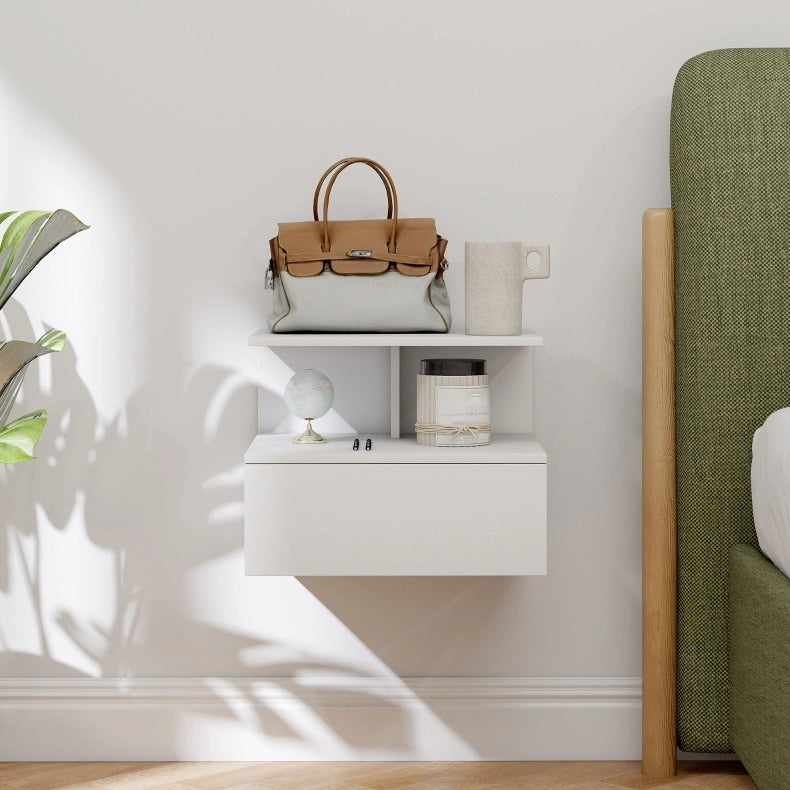 Comodino sospeso con cassetto e vano aperto in legno bianco