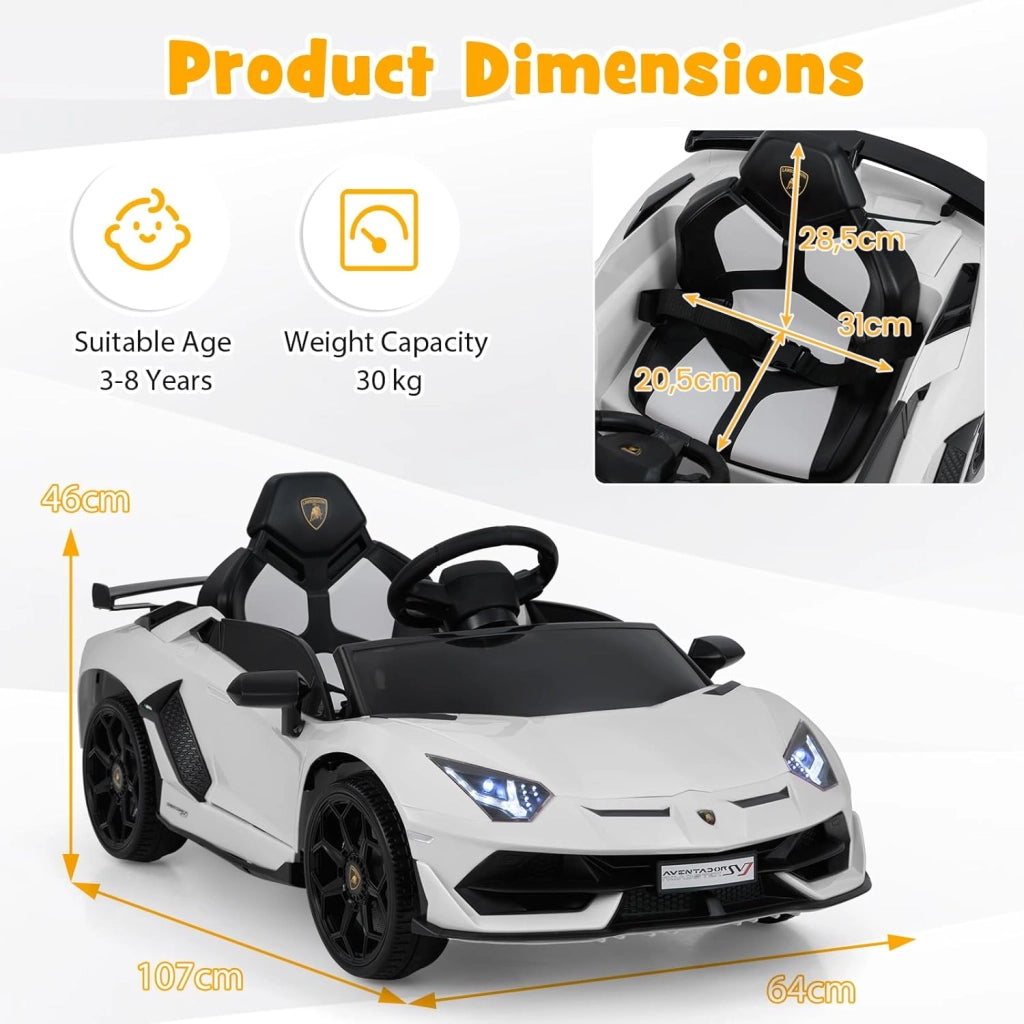 Macchina Elettrica per Bambini Lamborghini SVJ 12V con Telecomando, Auto Elettrico a Pedale e Luci LED, Veicoli con Musica, MP3, Clacson e USB, Carico 30 kg, 3-8 Anni (Bianco)