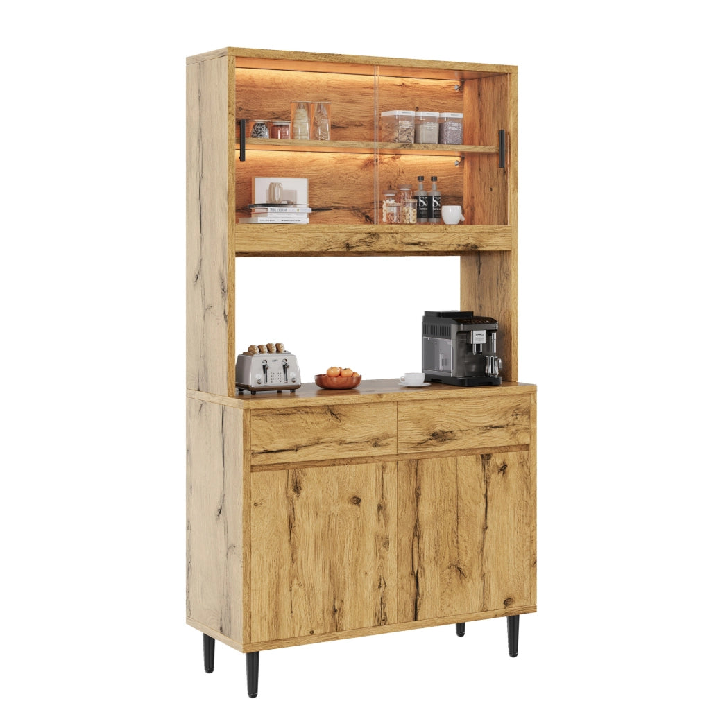 Credenza alta 100x40x185 cm rovere con LED, prese e ante in vetro