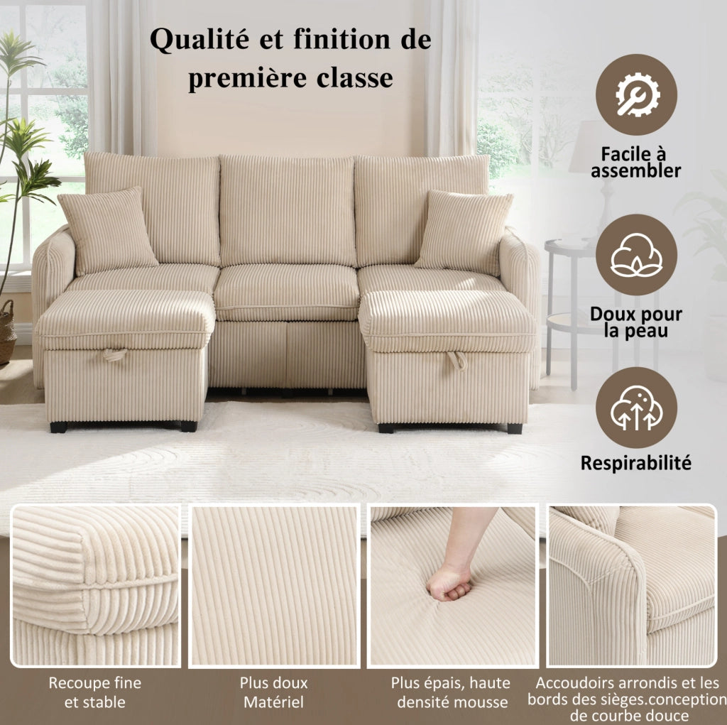 Divano 3 Posti Trasformabile con 2 Pouf Contenitore e 2 Cassetti; Velluto a Coste Beige