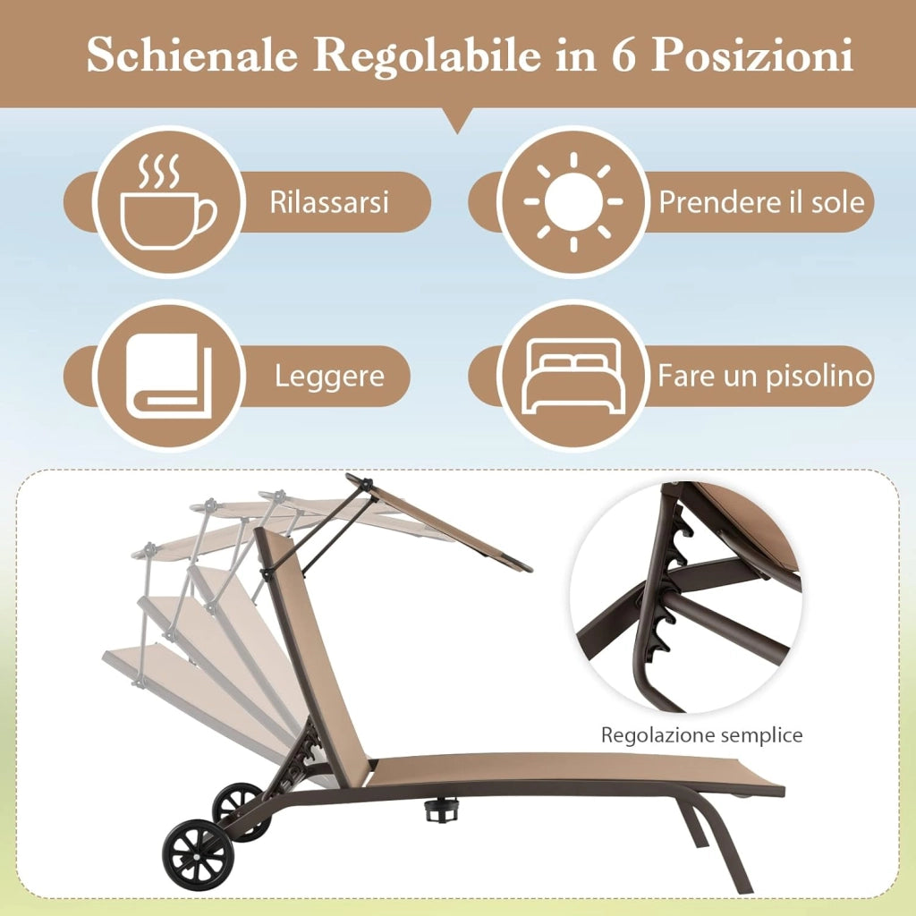 Lettino Prendisole da Giardino, Sdraio Reclinabile con Ruote Tettuccio Parasole Girevole Portabicchieri a Scomparsa e Schienale Regolabile in 6 Posizioni da Giardino Piscina (marrone)