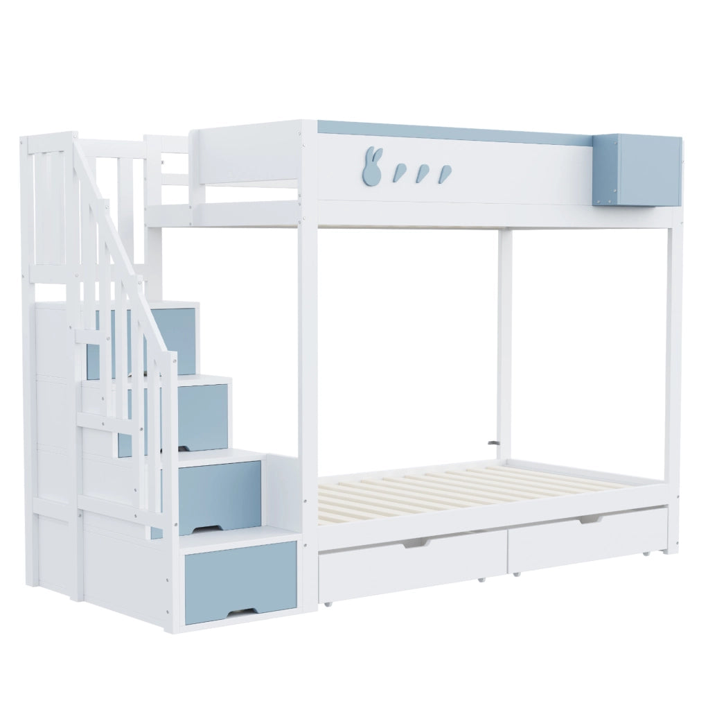 Letto a castello 90x200 cm con cassetti e ripiano rimovibile in pino, compensato e MDF bianco e blu