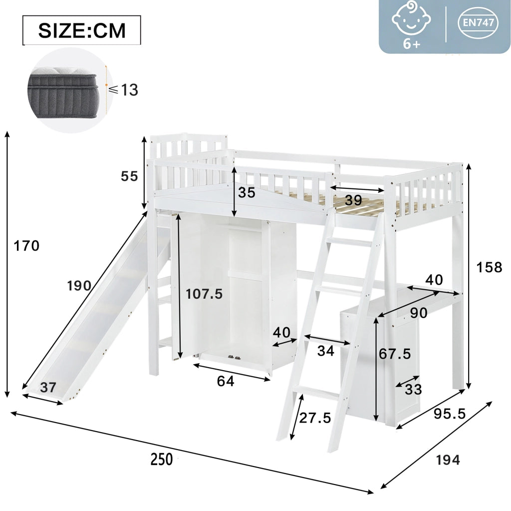 Letto a soppalco ULEVR 90x200 cm con scivolo, scrivania, armadio e ripiani, bianco