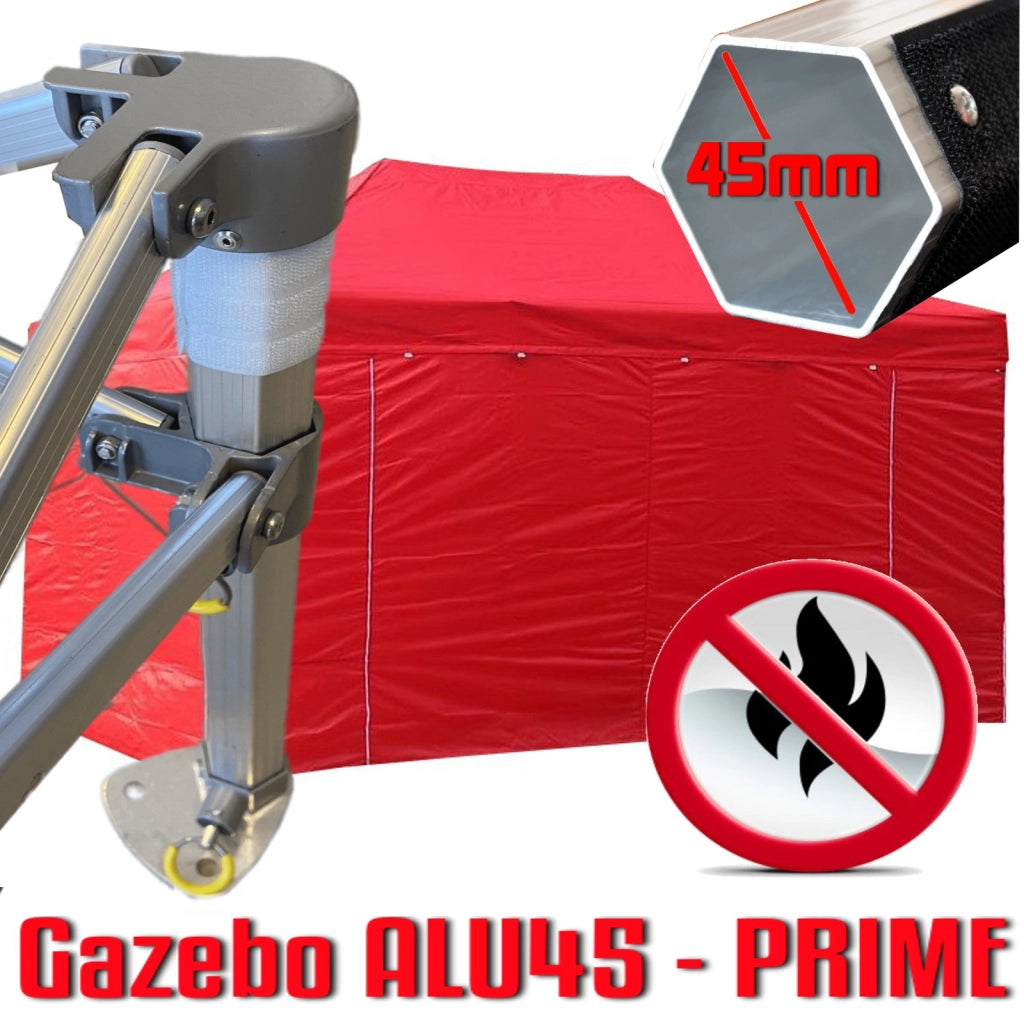 Gazebo 3x4,5 m rosso certificato IGNIFUGO pieghevole alluminio piantone esagonale 45mm portatile estendibile richiudibile estensibile acciaio con laterali per fiere eventi stand chiosco tenda tendone mercato mercatino