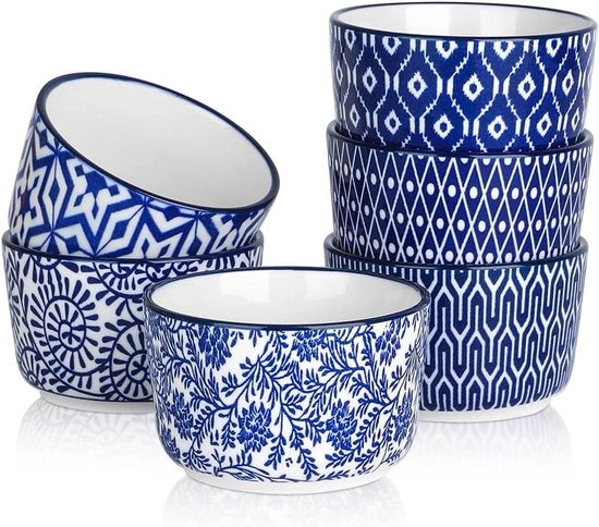 Set di 6 Ramekin Vintage Blu da 8 oz in Ceramica per Cottura in Forno - Soufflé - Pudding - Istantanea