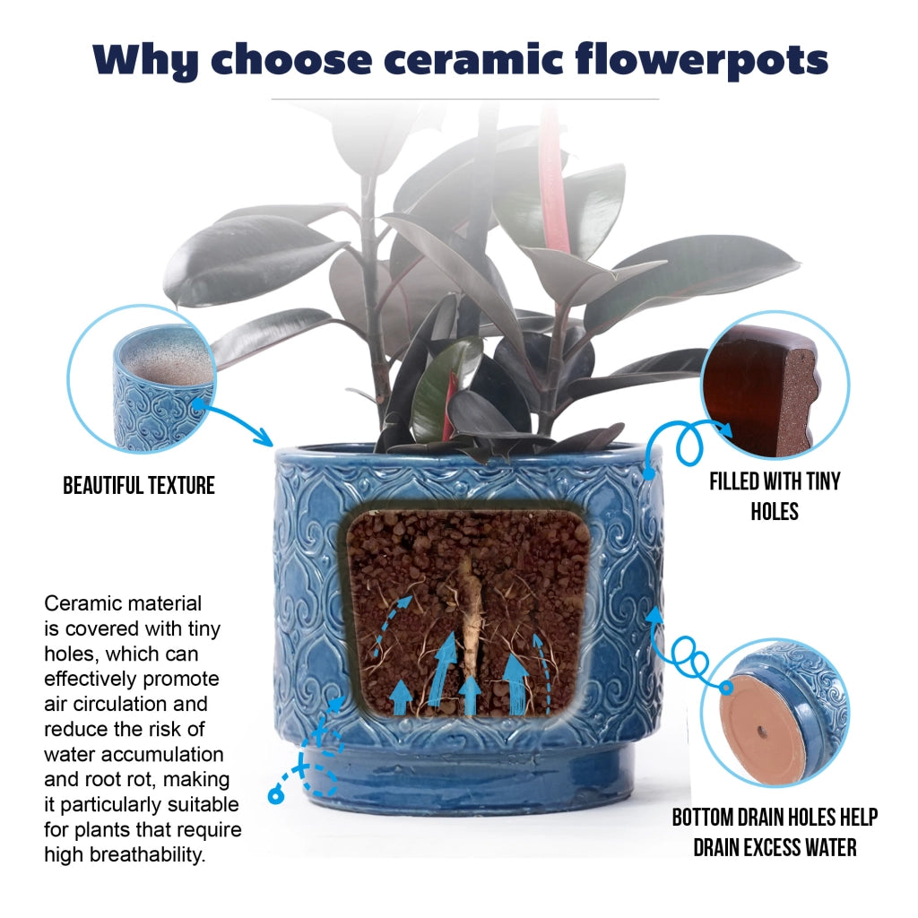 VASO DA FIORI 38 cm in ceramica blu con piede e foro di drenaggio