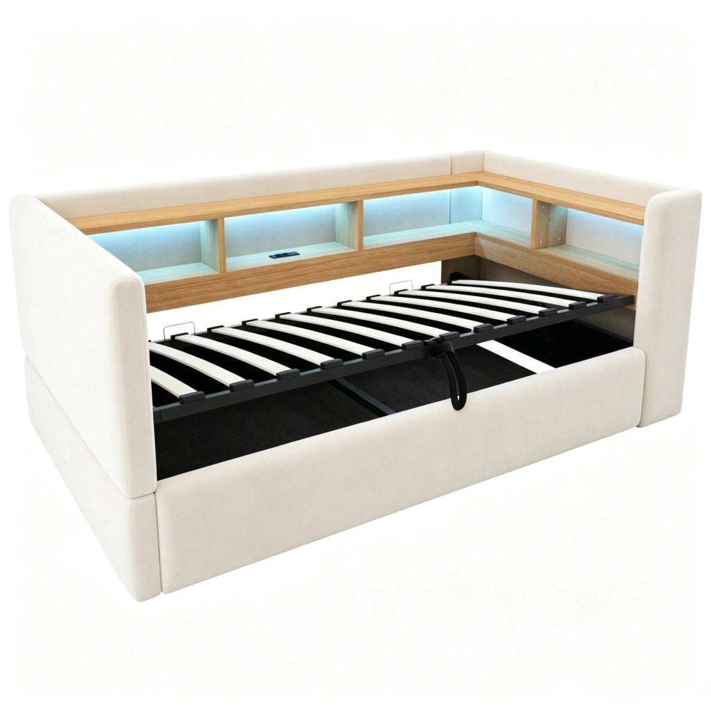 Divano letto 90x190 cm con contenitore; LED e prese in flanella beige