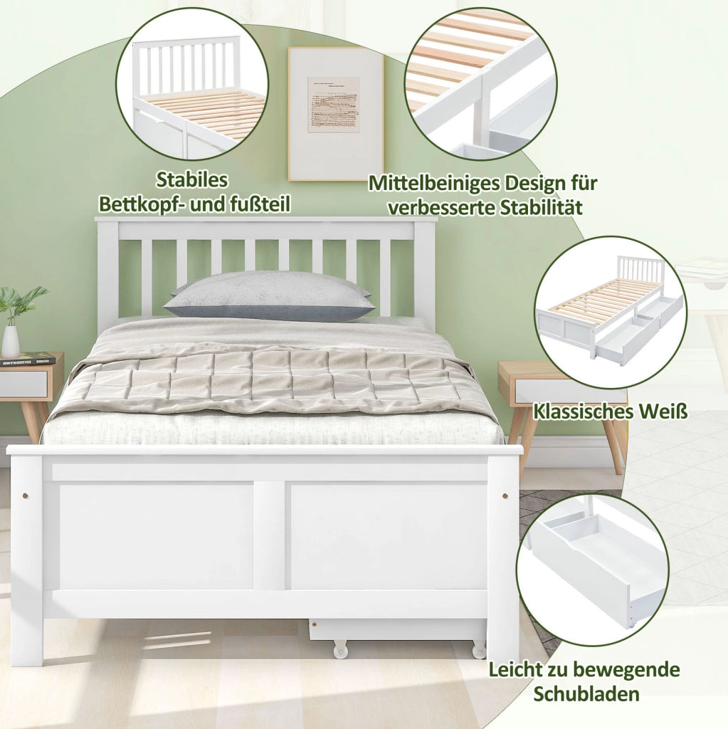 Letto singolo bianco con cassetti e struttura in legno massiccio