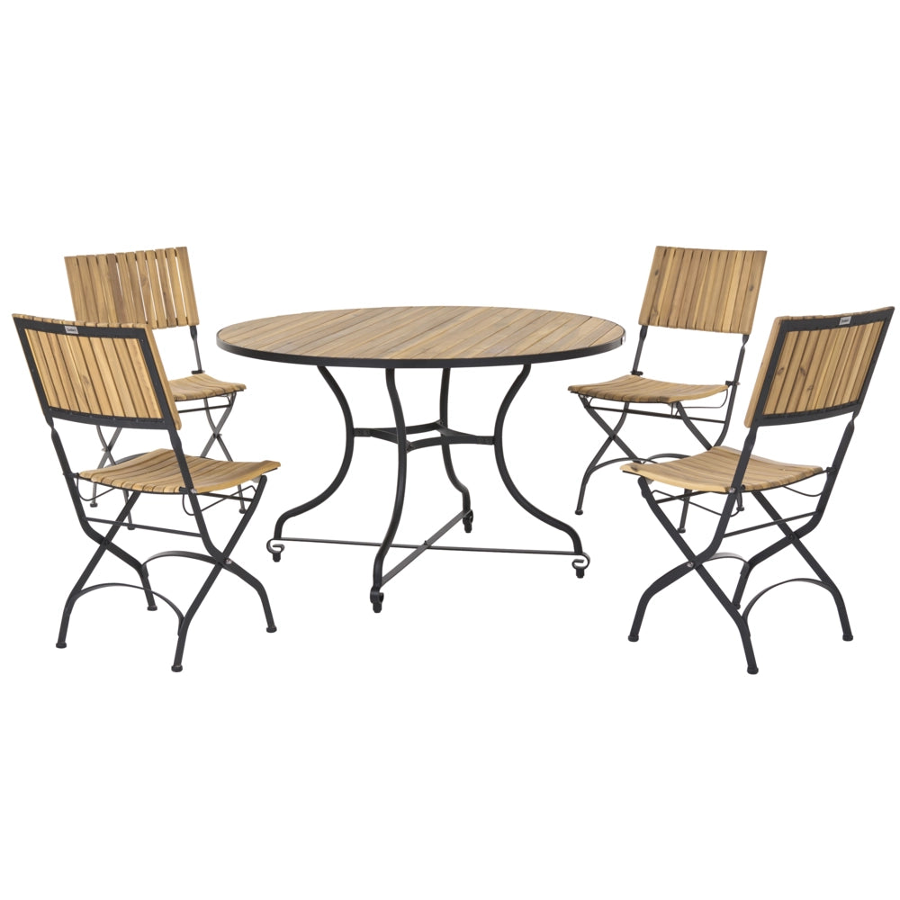 Set da pranzo da giardino per esterni con 4 sedie e tavolo in legno di acacia, struttura pieghevole in acciaio, legno di acacia marrone chiaro