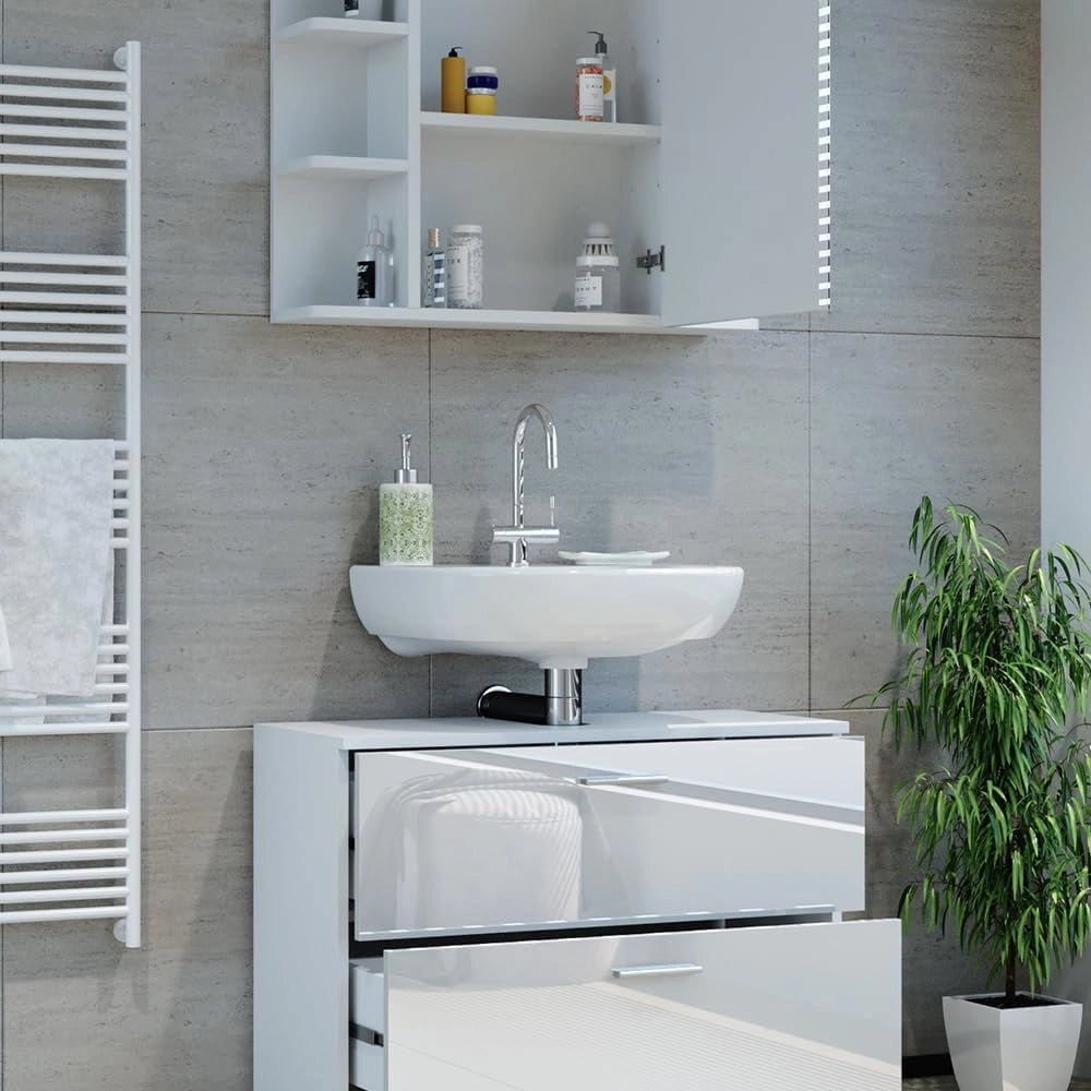 Set di mobili da bagno Ilias, Bianco lucido, 80.2 cm, composto da specchio da bagno e mobile sottolavabo