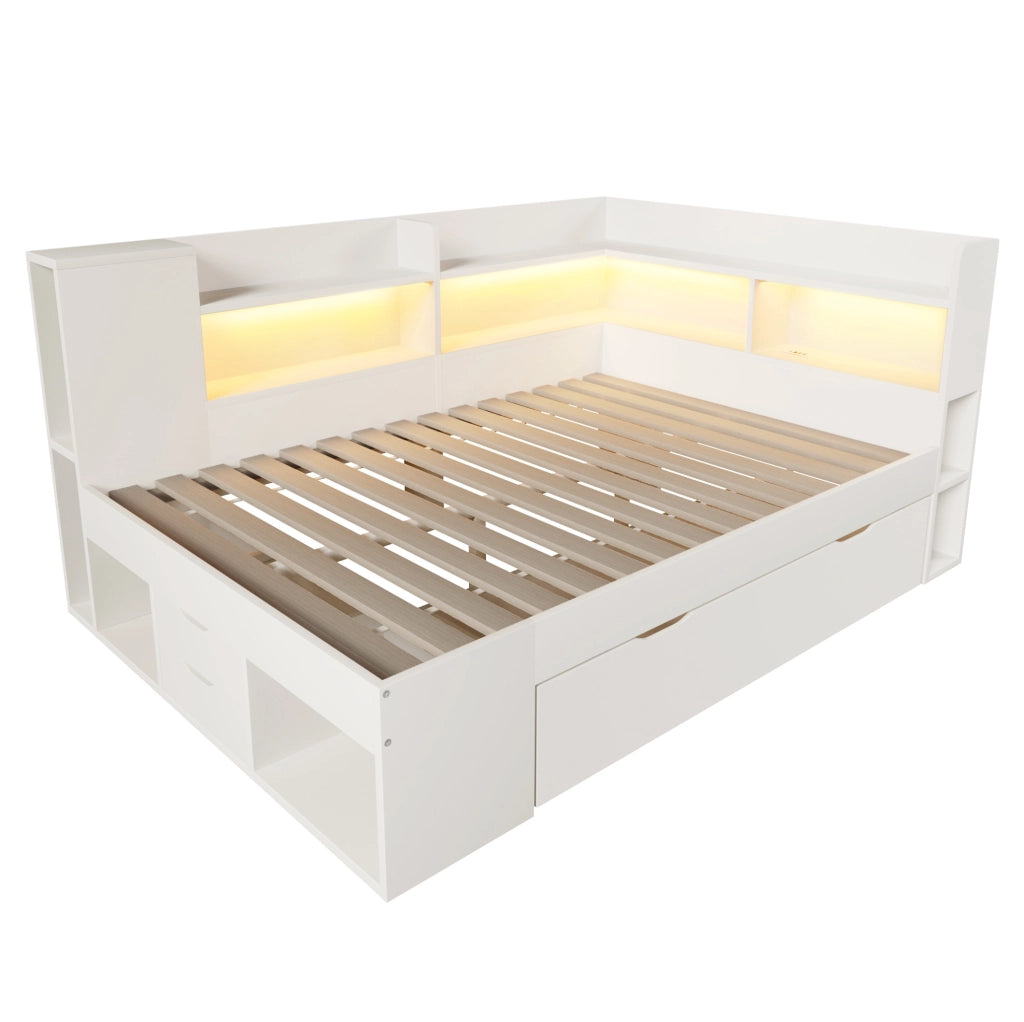 Letto da giorno ULEVR 140x200 cm con LED, USB e Type-C, cassetti e ripiani, bianco