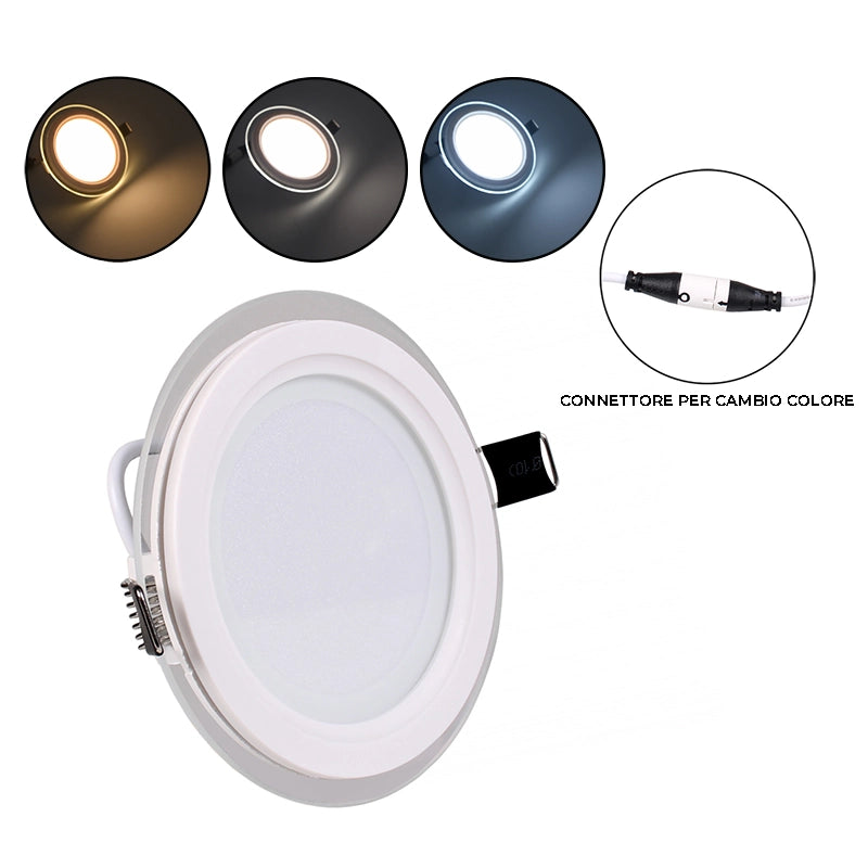 PANNELLO LED 9W TONDO BIANCO DA INCASSO SLIM VETRO PER CONTROSOFFITTI CCT CON 3 TEMPERATURE DI COLORE