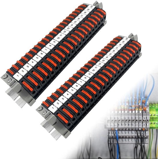 Accessori per piastra DIN con 40 connettori elettrici numerati e strisce di marcatura
