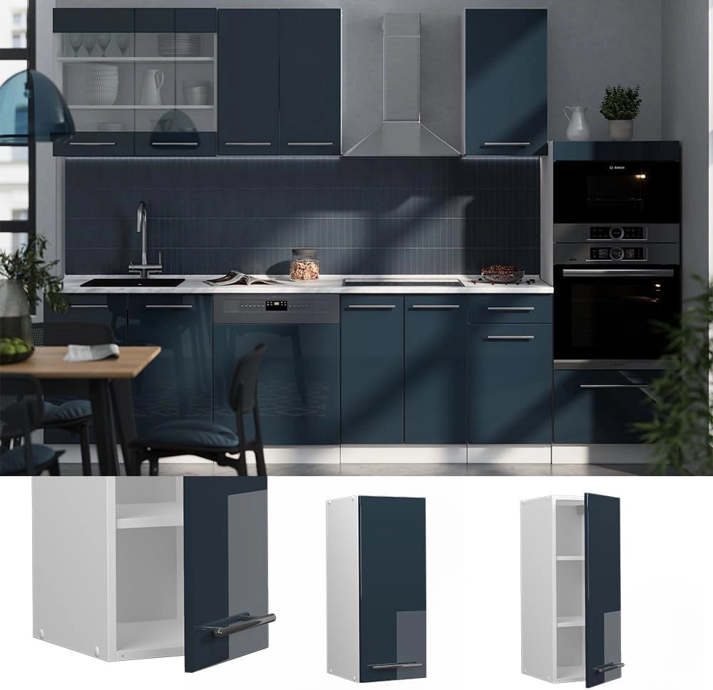 mobile lavello cucina Fame-Line, Blu scuro lucido/Bianco, 80 cm con ripiano, senza piano di lavoro