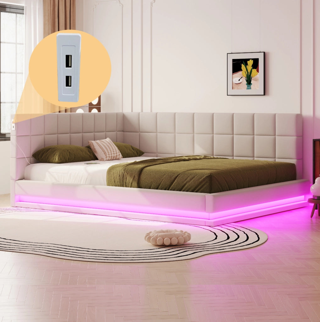 Divano letto imbottito 160x200 cm beige con LED e USB