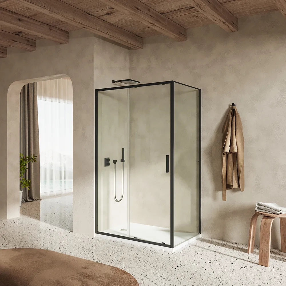 Box doccia slim 70x140cm con porta scorrevole e parete fissa profili nero opaco e vetro 6mm trasparente h190| Portofino