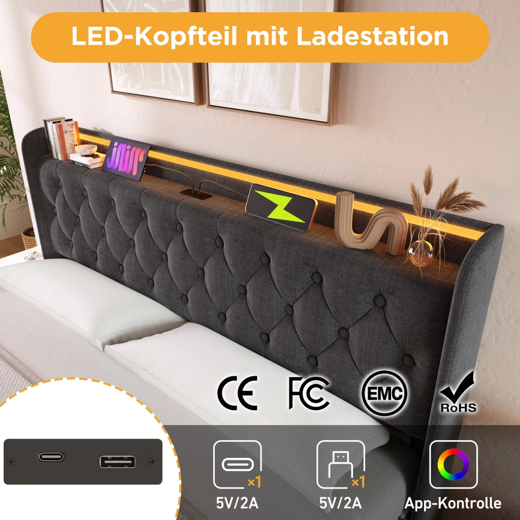 Letto imbottito idraulico con illuminazione a LED e porta USB 140x190 cm colore grigio lino
