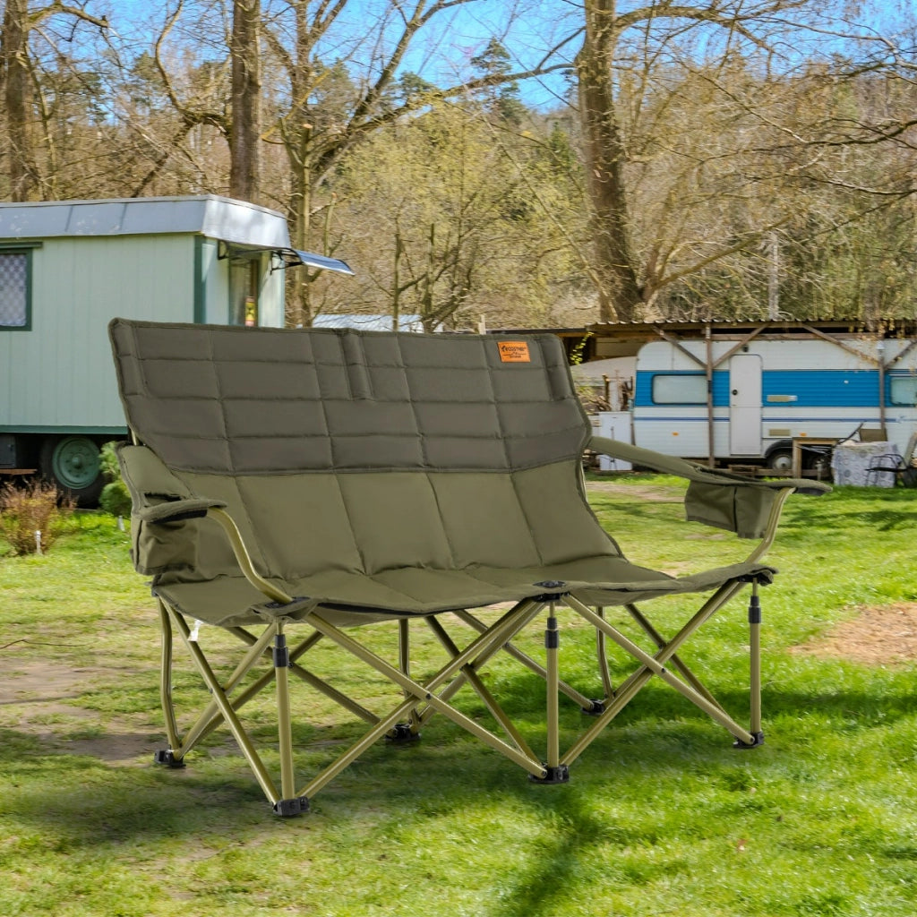 Sedia da campeggio per 2 persone con braccioli regolabili, Sedia da esterno portatile carico massimo 272 kg Verde