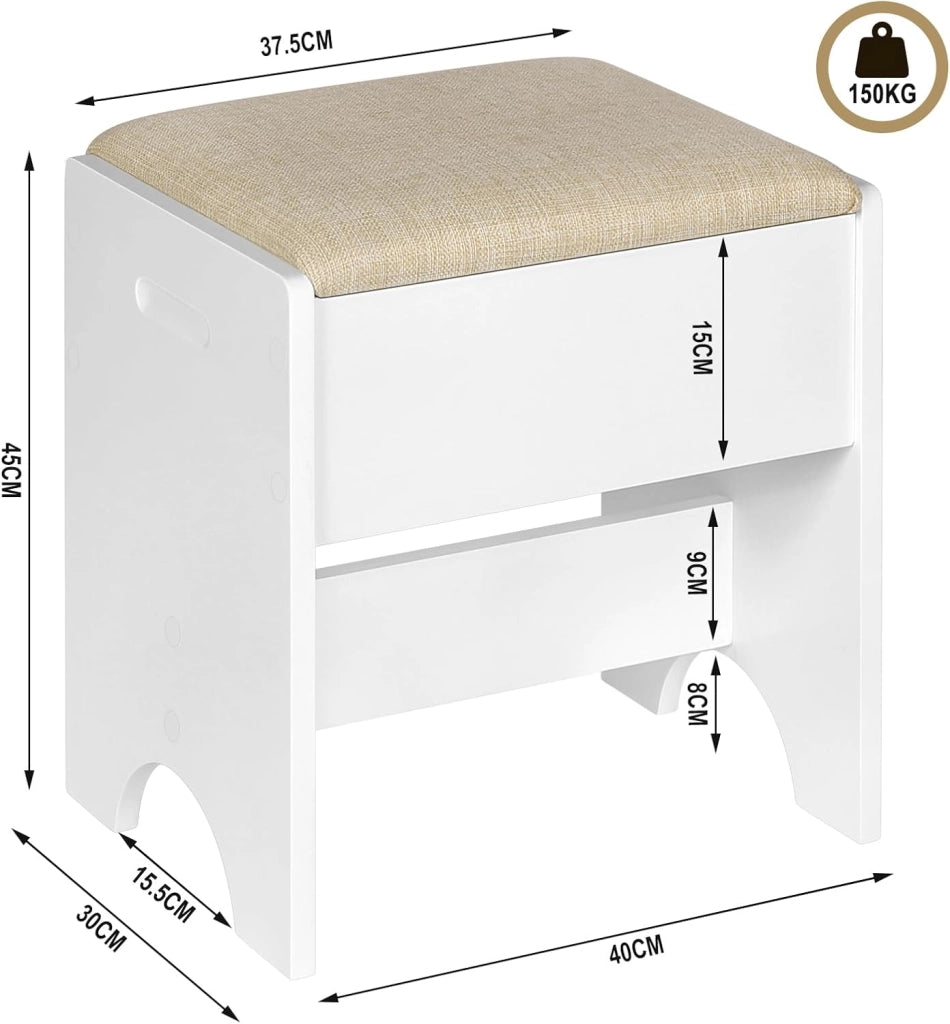 WOLTU Sgabello Per Toeletta da Trucco, Sedia da Make Up con Seduta Imbottita, 40x30x45cm, Sgabello per Camera da Letto, in Legno MDF e Lino, Bianco e Beige, MB6098be