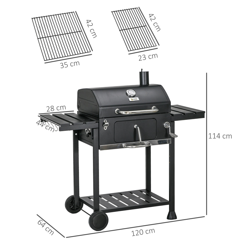 Grill a carbone con coperchio, griglia regolabile, ripiano inferiore e tavolini pieghevoli, nero, acciaio inox