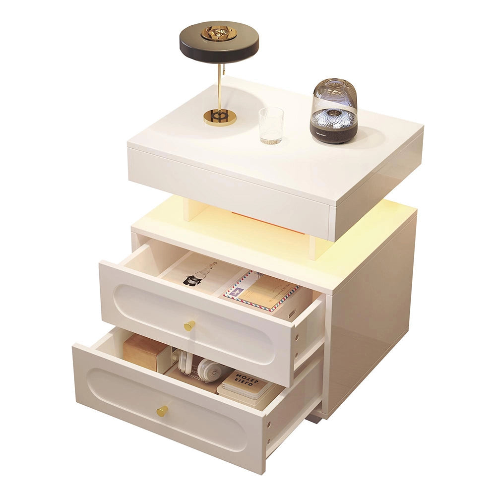 Comodino con Luci LED 50x40x60cm - Xylo - 2 Cassetti, 1 Ripiano Aperto, Bianco