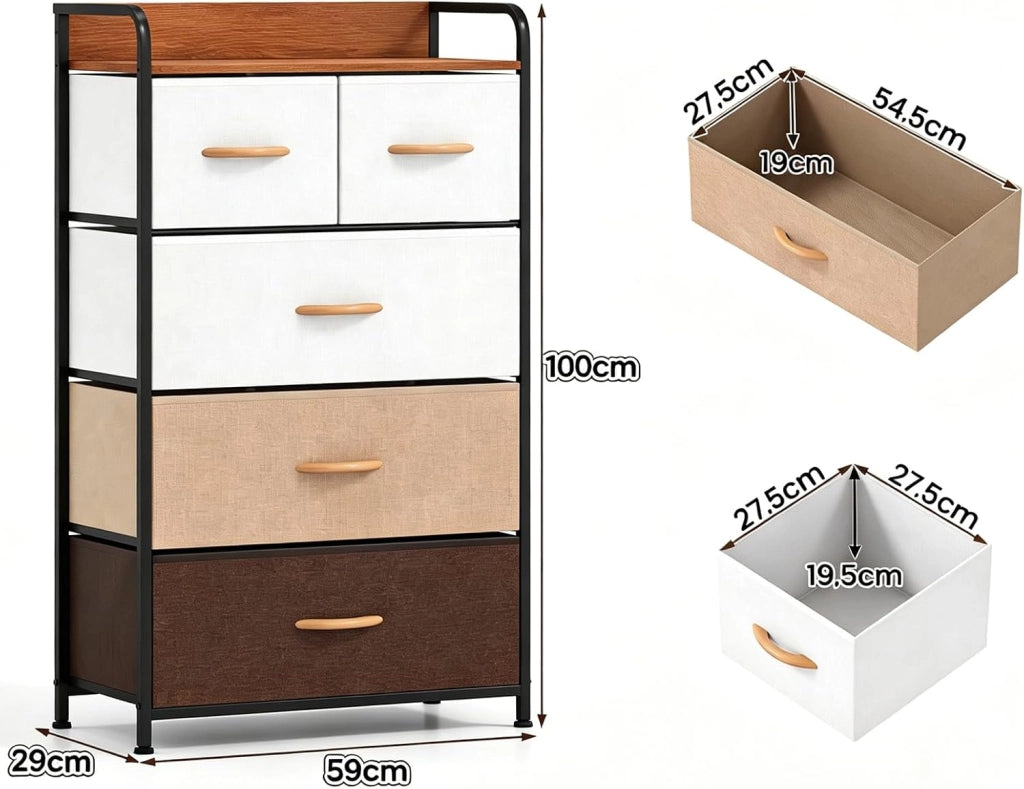 Cassettiera in Tessuto, Mobiletto con Cassetti Pieghevoli e Piedini Regolabili, Struttura in Metallo, Armadietto Salvaspazio per Soggiorno, Camera da Letto, Cucina (59 X 29 X 100 CM)