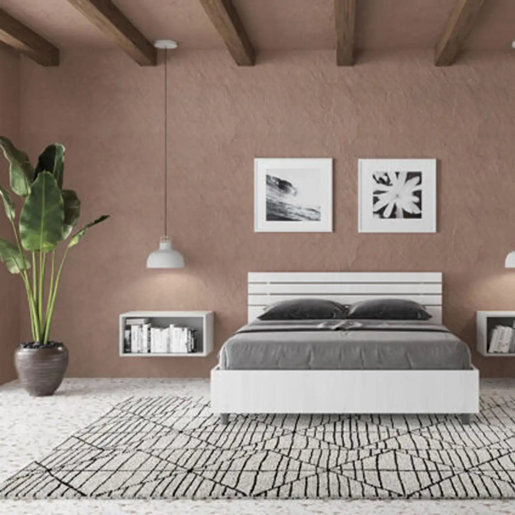 Letto matrimoniale francese contenitore 140x200 testata inclinata con doghe bianco frassino Ankel