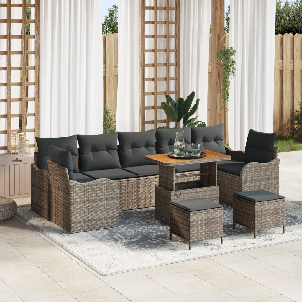 Set di Divano da Giardino a 10 Pezzi con Cuscini Grigio Polyrattan Acacia