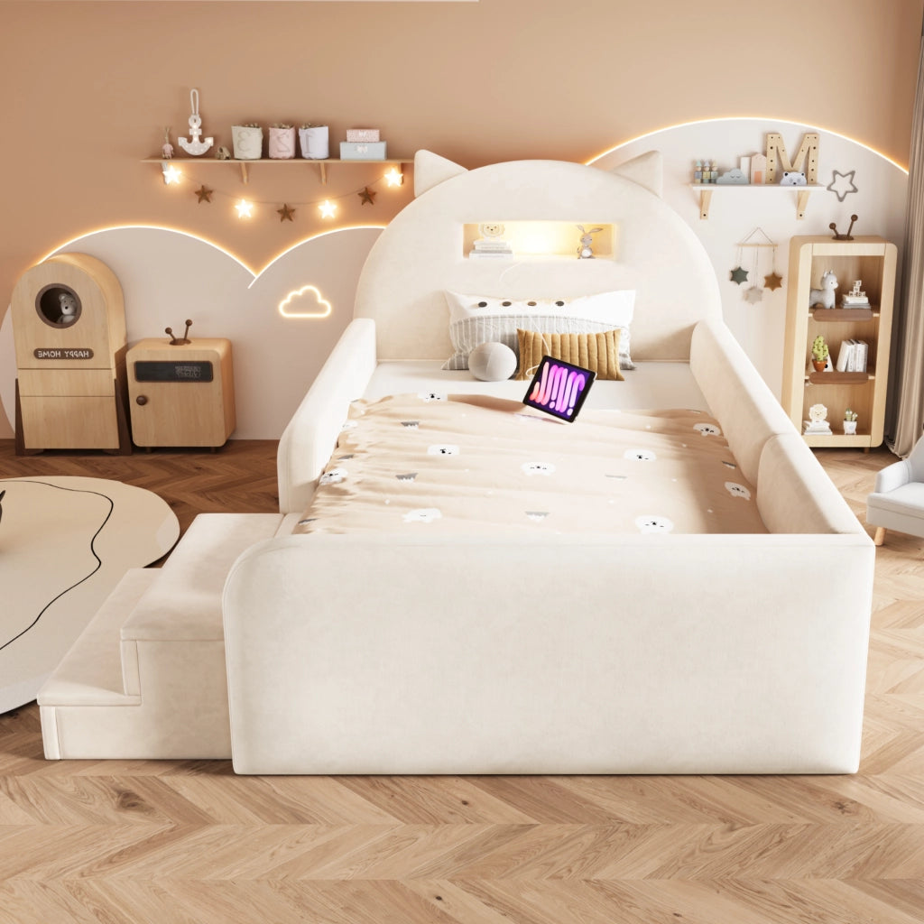 Letto per bambini 90 × 200 cm con testiera a orecchie, 4 cassetti, luce notturna et USB, senza materasso, beige