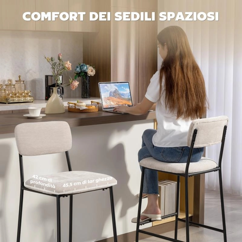 SET 2 SGABELLI DA BAR CON SCHIENALE ALTO, POGGIAPIEDI E RIVESTIMENTO IN CINIGLIA, CREMA