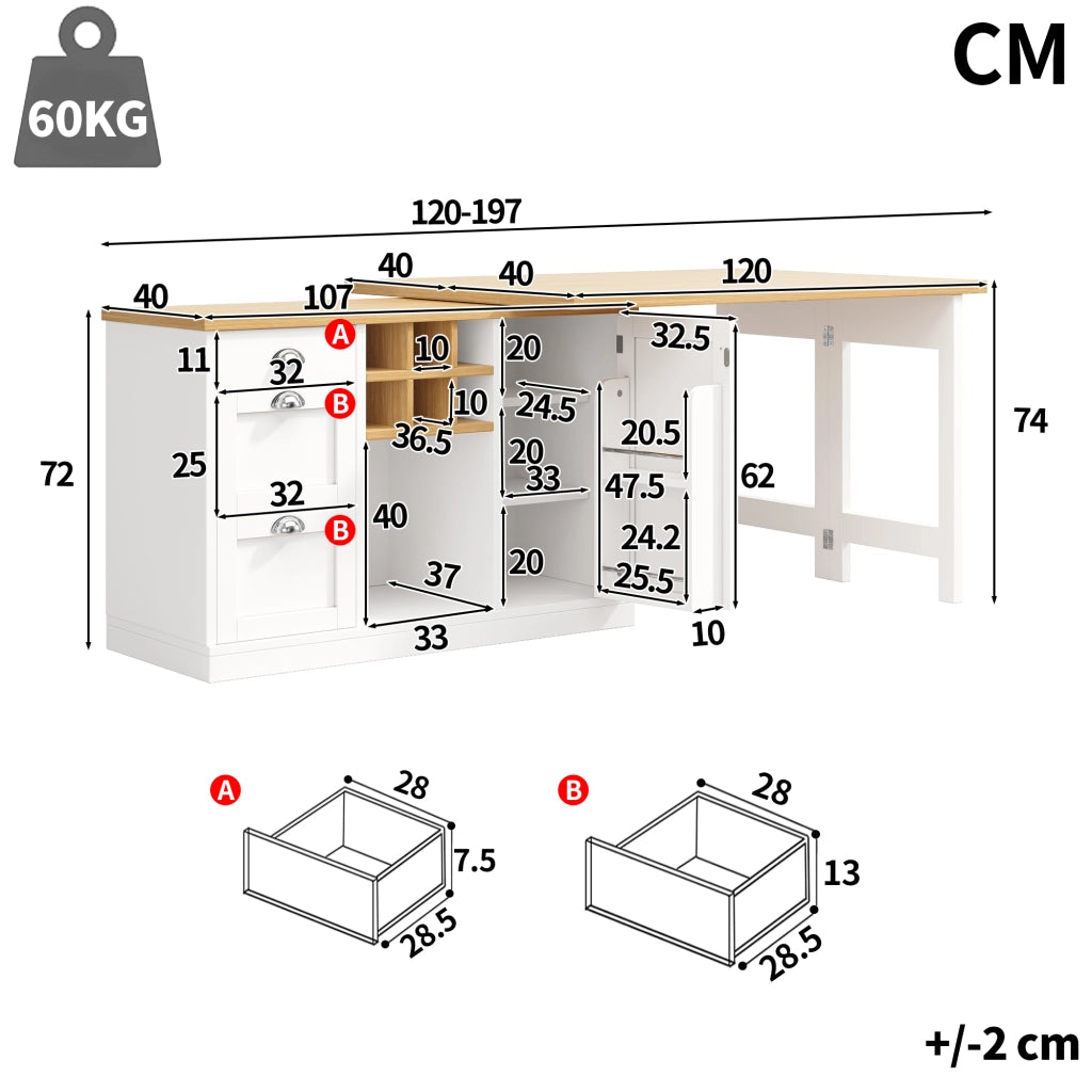 Tavolo bar estensibile con contenitore; 1 cassetto; portabottiglie; mobile cucina girevole 360°; per cucina; 120 × 40 × 74 cm