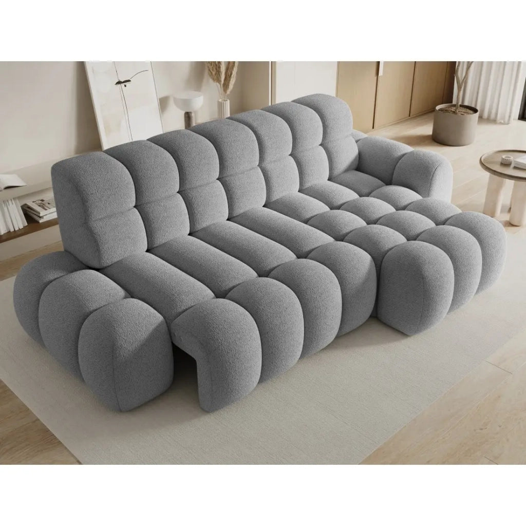 Divano ad angolo trasformabile BULLA 3 posti grigio – tessuto bouclé con estensione del sedile elettrica