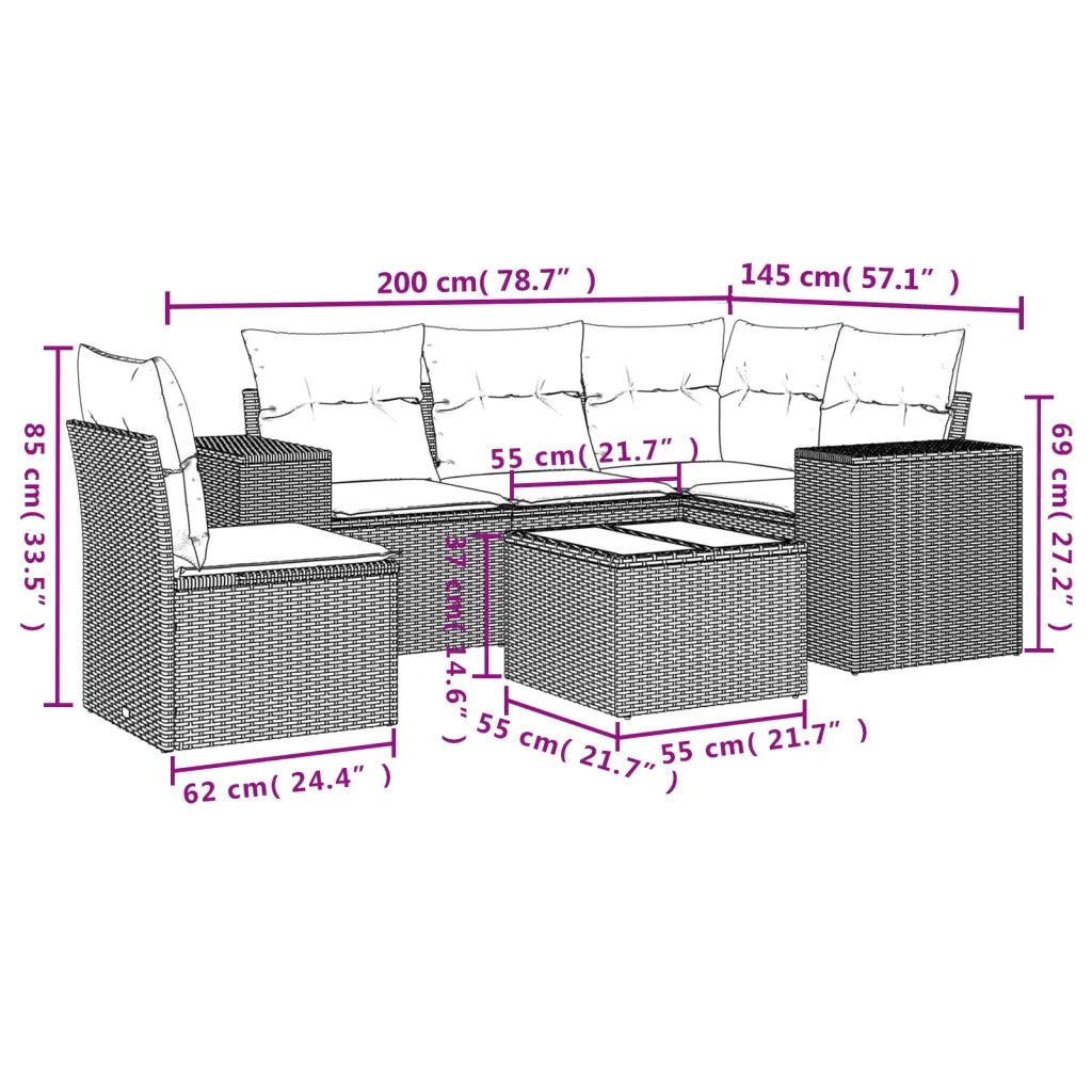 Set Divano da Giardino 6 pz con Cuscini Nero in Polyrattan 3222575