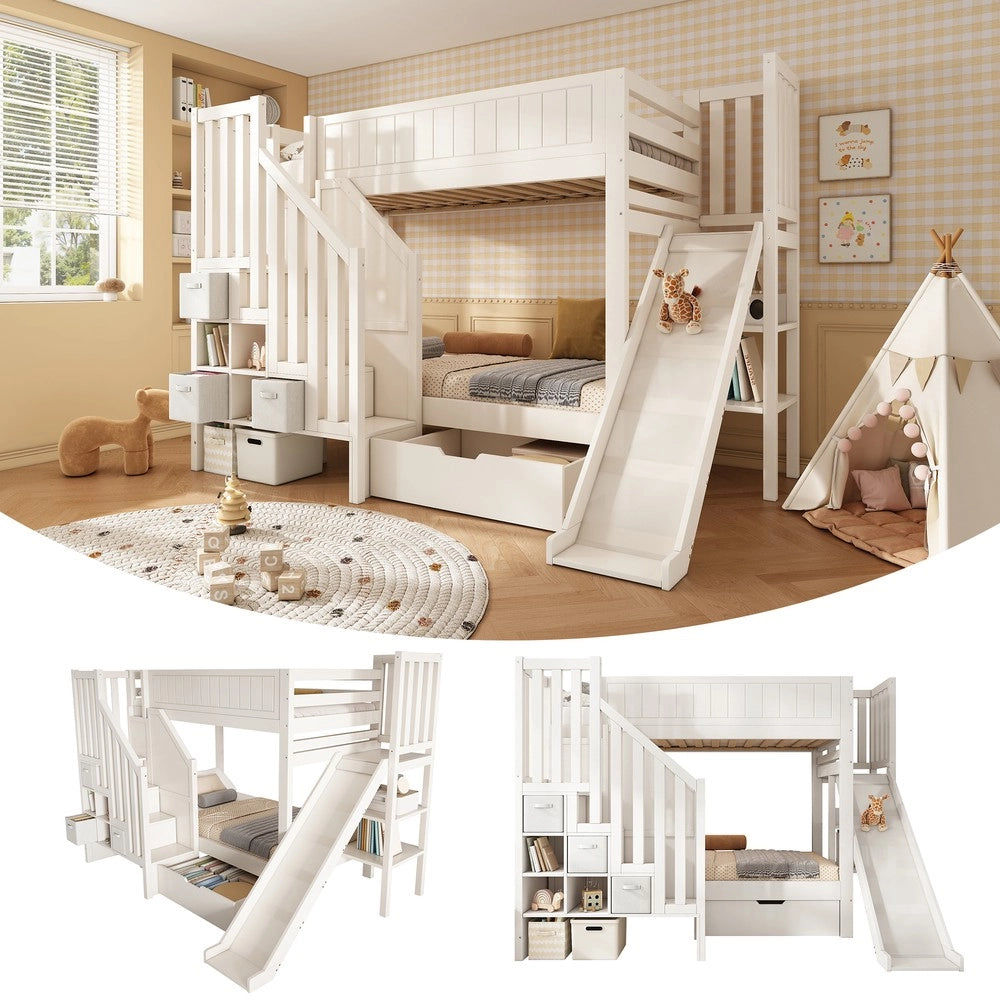 Letto a Castello per Bambini con Scivolo, Cassetti e Scala ¨C Xylo ¨C Bianco 90x200