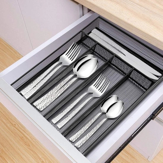 Organizzatore per Utensili 5 Compartimenti Oggetto di Utilizzo Cassetto di Deposito - Cucina Ufficio Lame in Acciaio Tessuto a Maglia Lame in Argento Cassetto di Deposito Regolatore - 31x237x5cm Inox Nero Inossidabile
