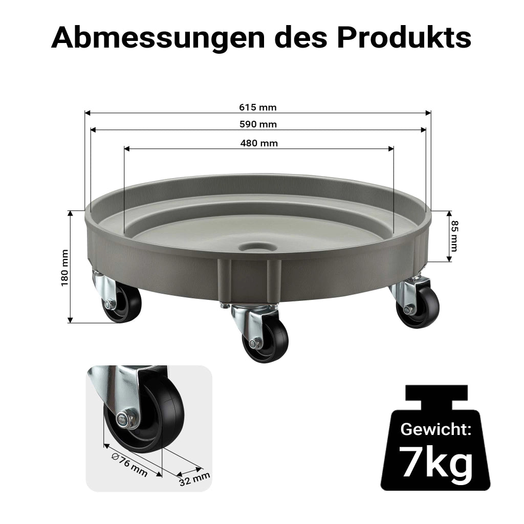Porta fusto olio con ruote, portata 400 kg, carrello porta fusti con vasca Ø 60 cm e ruote girevoli, base per movimentazione fusti