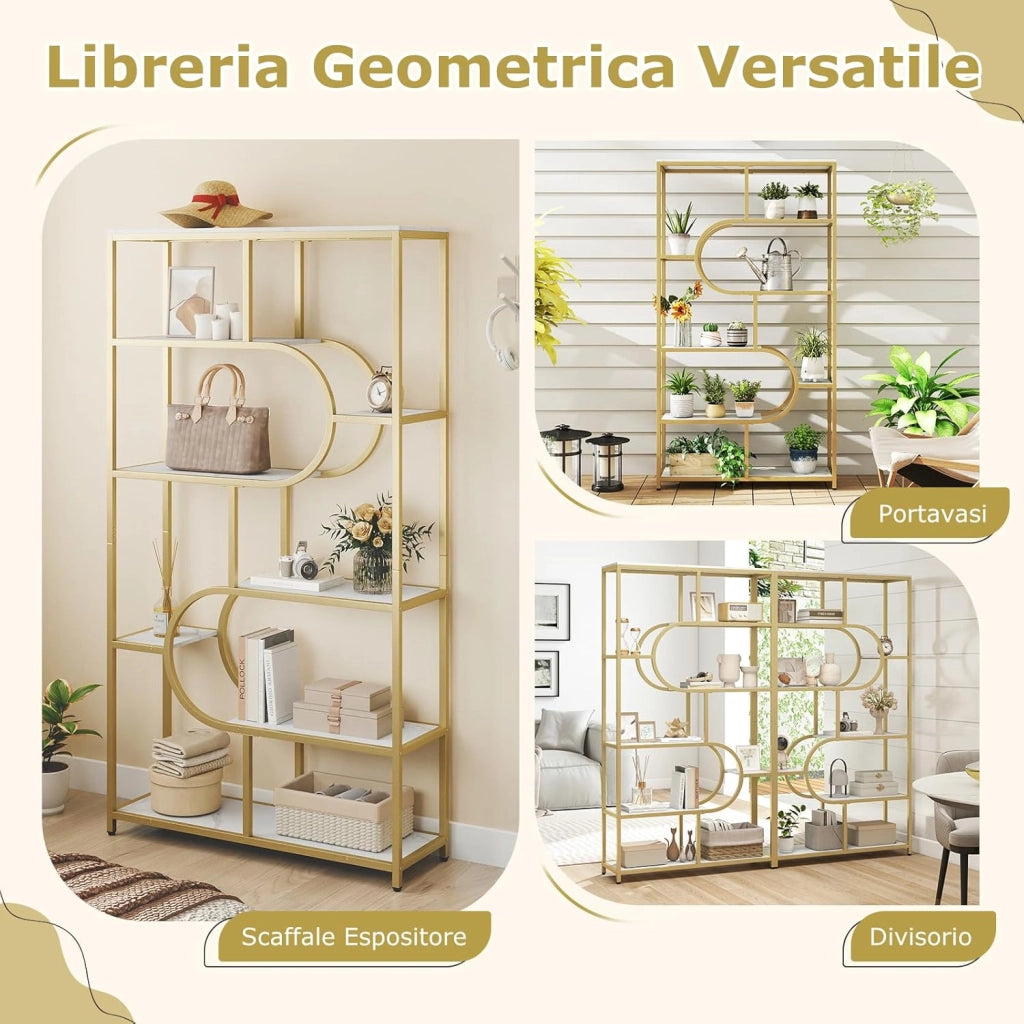 Libreria a 8 Ripiani, Scaffale Alto Autoportante a Forma di U, Struttura in Metallo, Organizzatore di Spazio per Soggiorno e Ufficio, 95x30x175 cm (Bianco+Oro)