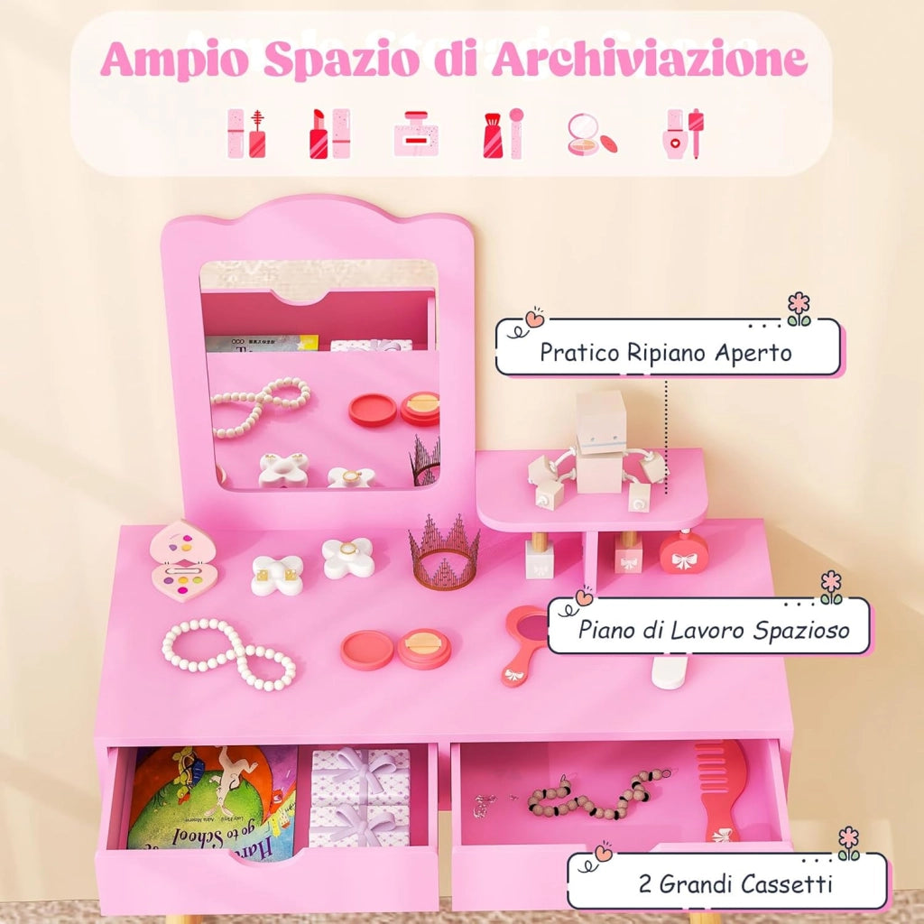 2 in 1 Set Toeletta per Bambini, Postazione Trucco in Legno con Sgabello, Specchio Rettangolare Staccabile e 2 Cassetti Capienti, Ideale per Bambini dai 3 ai 7 Anni (Rosa Scuro)