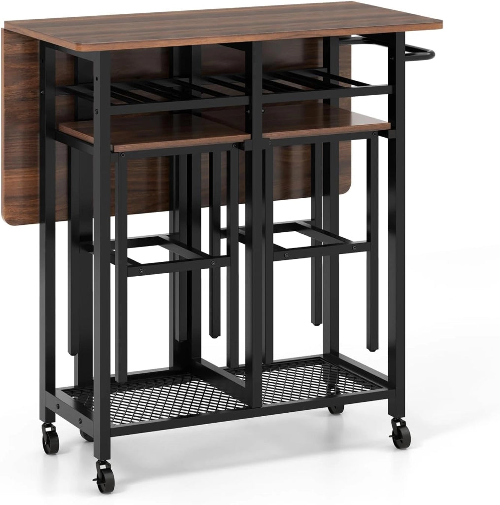 Carrello mobile con tavolo estensibile a lama pieghevole, quadrato pieghevole in 3 pezzi, con ripiano per vino, ripiano inferiore e maniglia a spinta, 2 sgabelli e ruote bloccabili (Nogal)