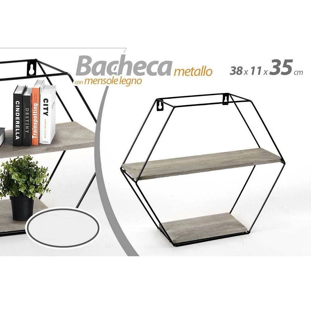 Trade Shop - Bacheca Porta Oggetti Metallo Esagonale Parete 2 Mensole Legno 38x11x35cm 751998 -