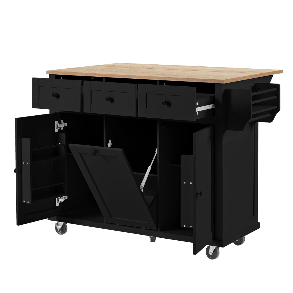 Carrello da cucina con cassetti; piano pieghevole; vano per pattumiera e portaasciugamani per cucina; in MDF; nero e naturale; 112 x 46;2-76;2 x 92;7 cm