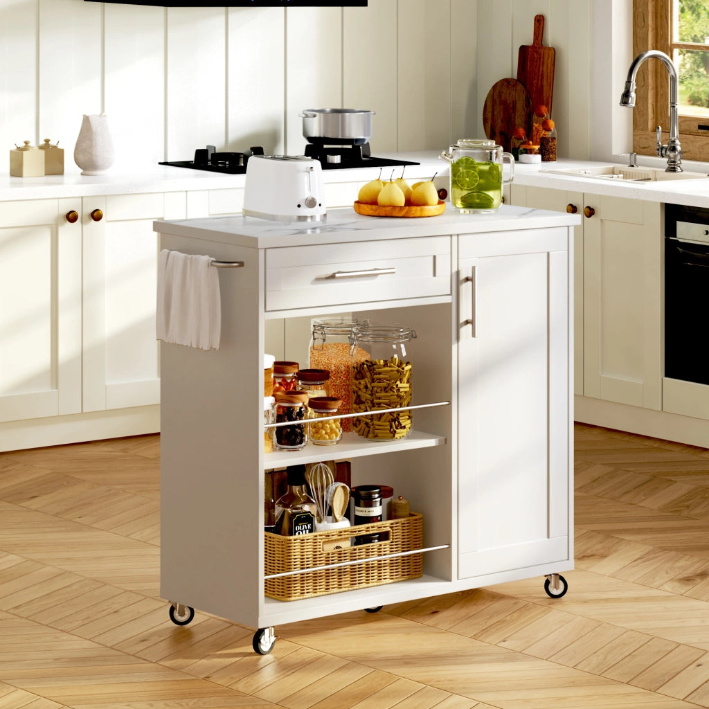 Carrello da cucina bianco con piano effetto marmo, cassetto, armadietto e ripiani aperti, mobile con ruote bloccabili, 90x62x90 cm