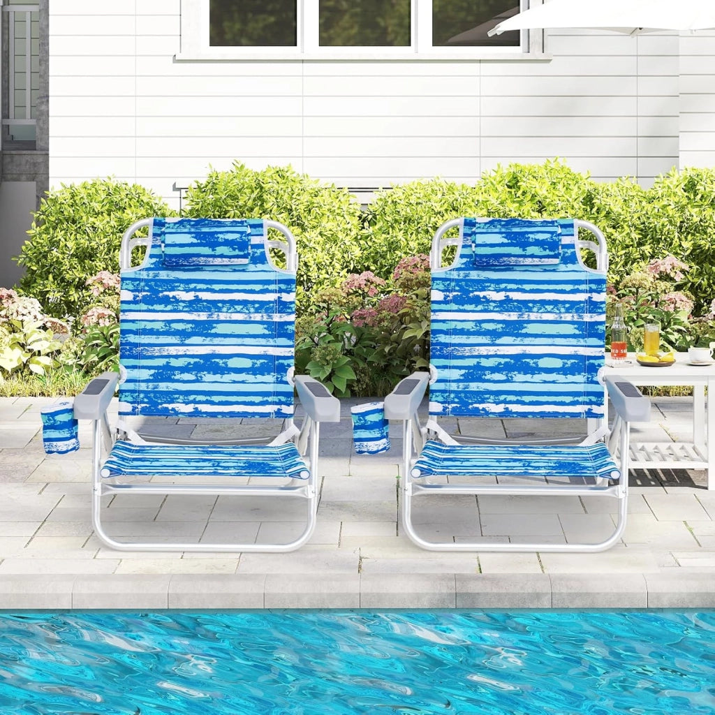 Set di 2 Sedie Pieghevole da Spiaggia, Lounge Sdraio con 5 Posizioni Regolabili, Poltrona da Mare con Cuscino, Porta Asciugamano, Braccioli & Portabicchieri, Portata 150 kg (Blu)