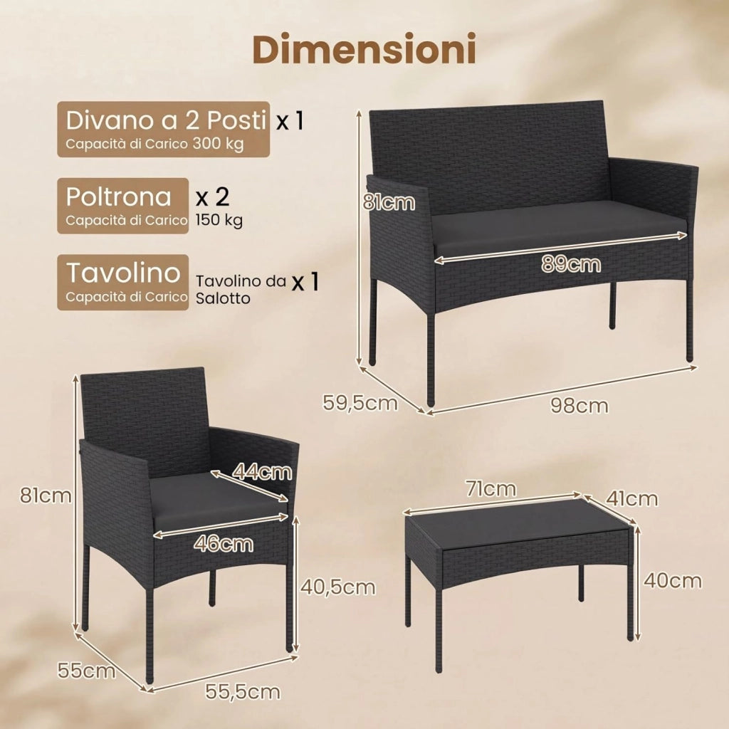Set Salotto da Giardino 4 Pezzi, Divanetto da Esterno in Rattan PE con 2 Poltrone e Tavolino con Piano in Vetro Temperato, Cuscini Imbottiti, Telaio Metallo per Terrazzo e Balcone (Nero)