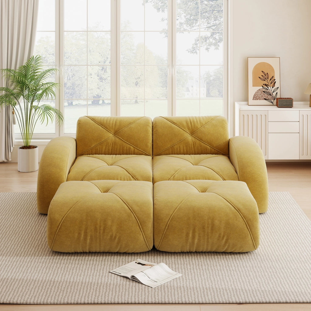 Divano modulare 2 posti senza struttura con 2 pouf; schiuma 32D; ciniglia; giallo